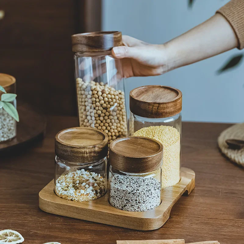 Food Storage Glass Container Set - Деревянная крышка Orgnizer герметичные стеклянные банки